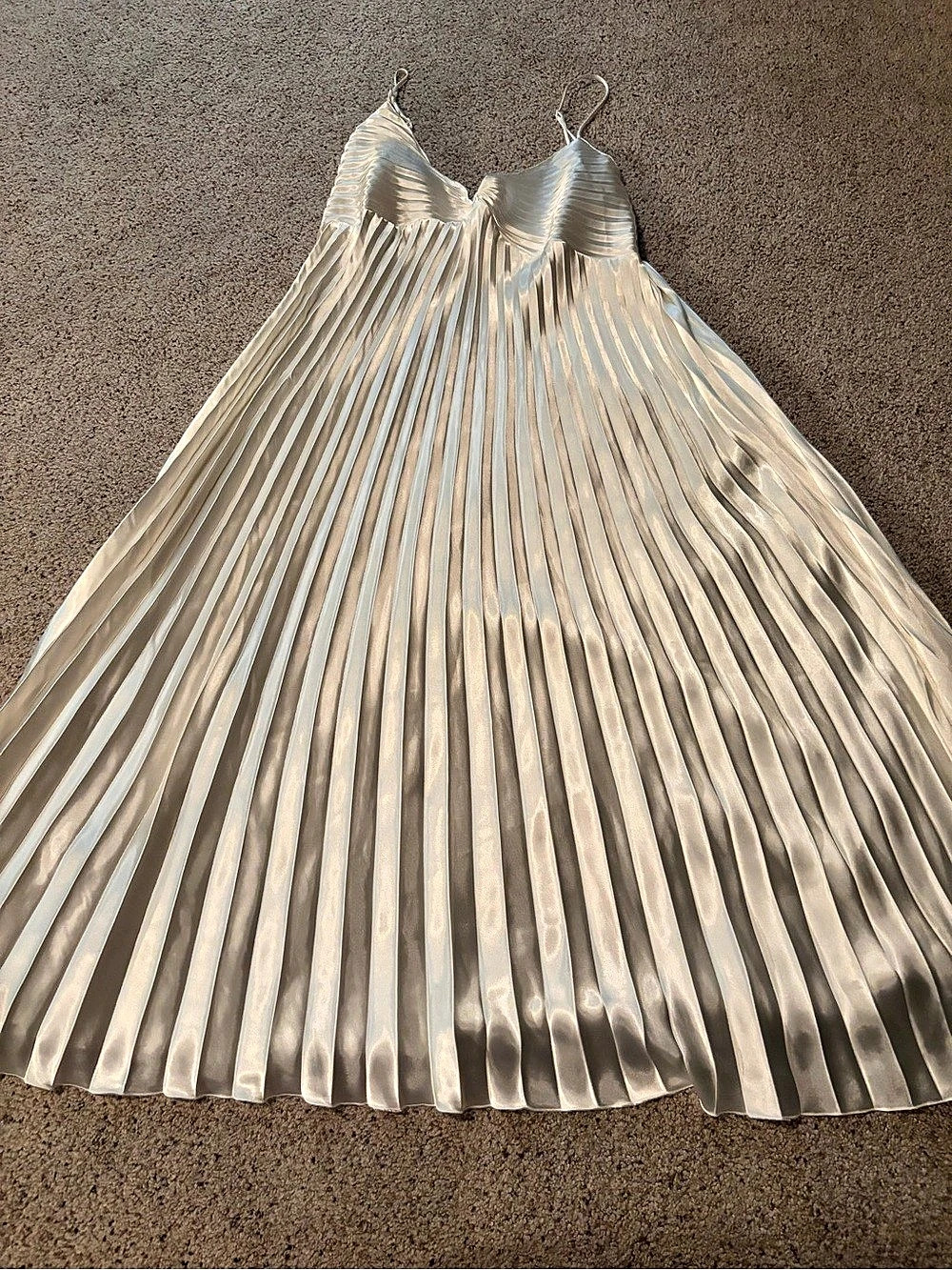 Vintage Champagne Pleated Satin Slip Gown - Greek Goddess Maxi Dress